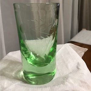 VINTAGE GREEN ETCHED FLORAL DEPRESSION SHOT GLASS